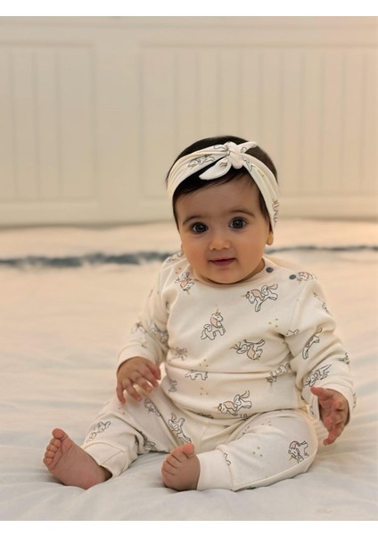 Unicorn Baskılı Omuzdan Patlı %100 Pamuk Mevsimlik Bandanalı 3'lü Kız Bebek Takım
