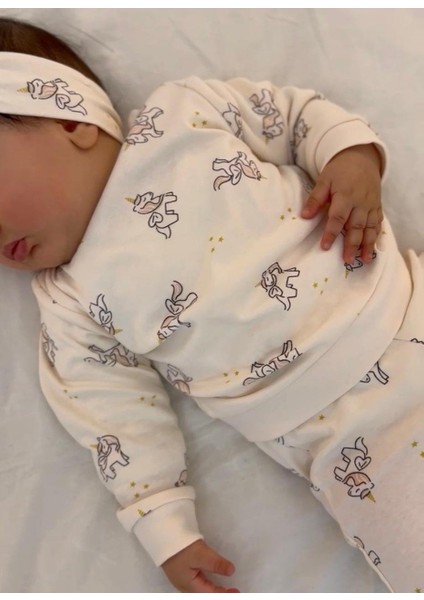 Unicorn Baskılı Omuzdan Patlı %100 Pamuk Mevsimlik Bandanalı 3'lü Kız Bebek Takım fiyatları
