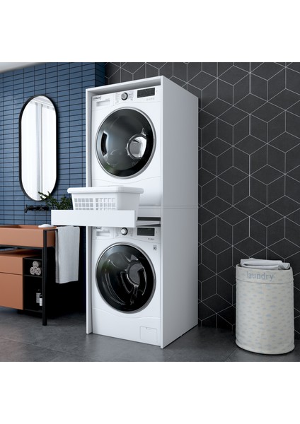 KD113 Çamaşır ve Kurutma Makinesi Dolabı Çekmeceli Banyo Dolabı Beyaz