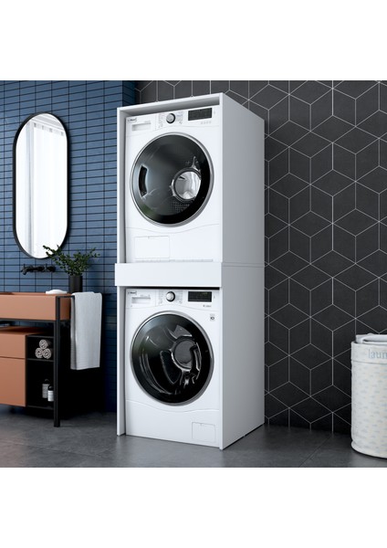KD113 Çamaşır ve Kurutma Makinesi Dolabı Çekmeceli Banyo Dolabı Beyaz