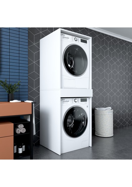 KD113 Çamaşır ve Kurutma Makinesi Dolabı Çekmeceli Banyo Dolabı Beyaz
