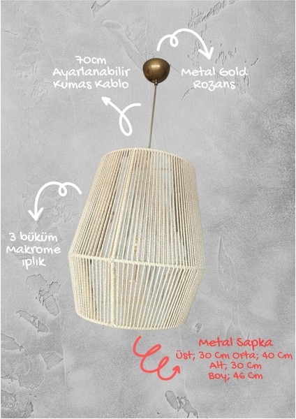 Fibrosa Sarkıt Avize - Makrome Ip, Metal Iskelet (Ampul Dahil Değildir)