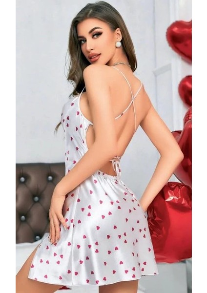 Kalp Desen Saten Gecelik(Beyaz)