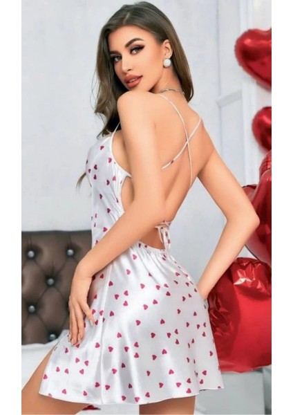 Kalp Desen Saten Gecelik(Beyaz) modelleri