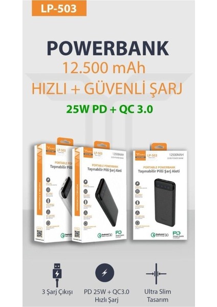 12500 Mah Hızlı Şarj Destekli Çift USB ve Typec Mikro Girişli Taşınabilir LED Göstergeli powerbank LP-503