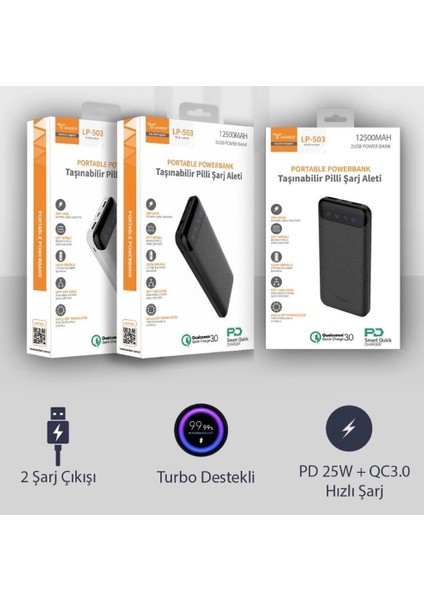 12500 Mah Hızlı Şarj Destekli Çift USB ve Typec Mikro Girişli Taşınabilir LED Göstergeli powerbank LP-503