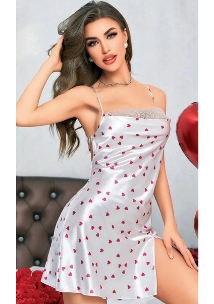 Kalp Desen Saten Gecelik(Beyaz)