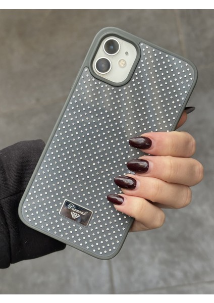 iPhone 11 Uyumlu Elmas Pırlanta Taşlı Gri Kılıf