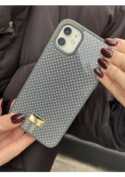 iPhone 11 Uyumlu Elmas Pırlanta Taşlı Gri Kılıf