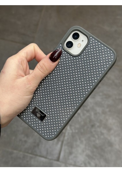 iPhone 11 Uyumlu Elmas Pırlanta Taşlı Gri Kılıf