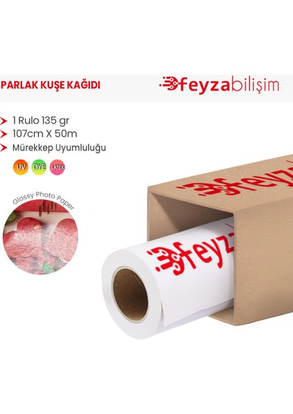 ® Parlak Kuşe Fotoğraf Kağıdı 135 gr (Dye) 107CM x 50MT (1 Rulo)