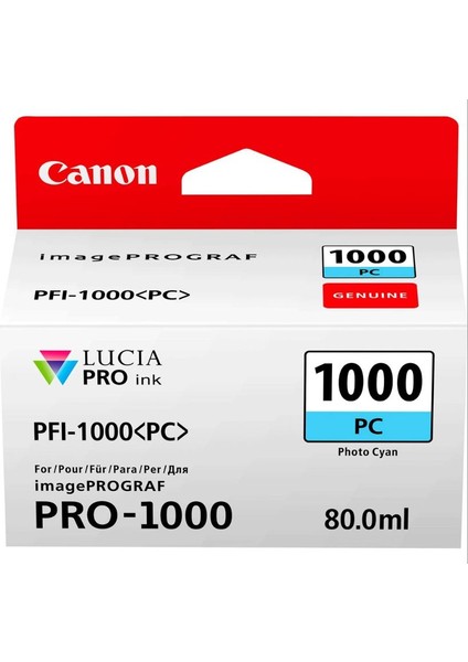 ® Canon PFI-1000 Pc (Photo Cyan) Fotoğraf Mavi A2 Yazıcı Orijinal Mürekkep Kartuş 80 Ml. (0550C001)
