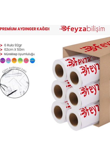 ® Plotter Aydınger (Çizim) Kağıdı 92GR Rulo 62CM x 50MT (6 Rulo)