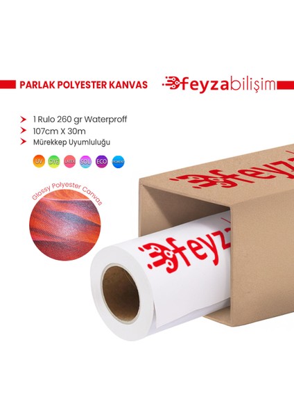 ® Polyester Glossy (Parlak) Kanvas 260 gr Dye Tuval Iç Mekan 107CM x 30 mt (1 Rulo)
