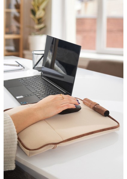 Mousepad Bilek Destekli Ped/yastık Tablet Telefon Standı Yıkanabilir Kumaş Deri Detaylı Bej