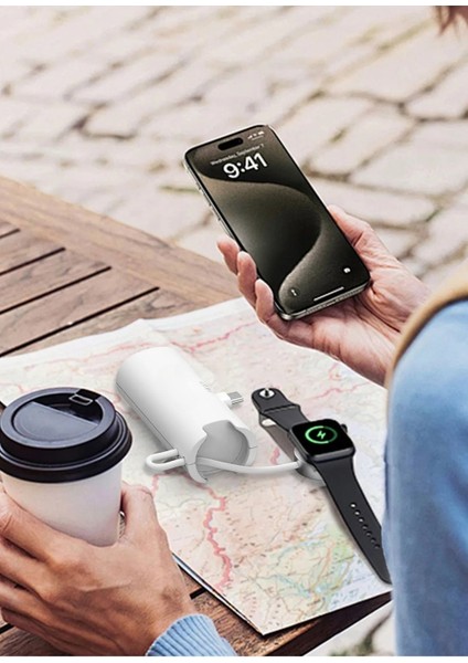 Type-C 20W Hızlı Şarj Soketli Mini Powerbank 5000 mAh Dahili Saat Şarj Kablolu Taşınabilir Batarya