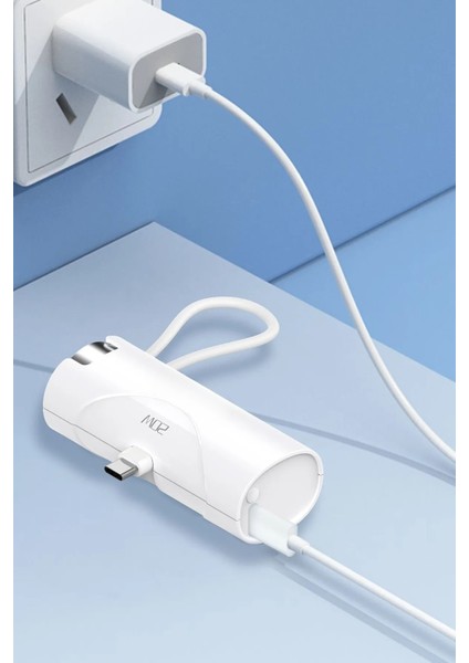 Type-C 20W Hızlı Şarj Soketli Mini Powerbank 5000 mAh Dahili Saat Şarj Kablolu Taşınabilir Batarya