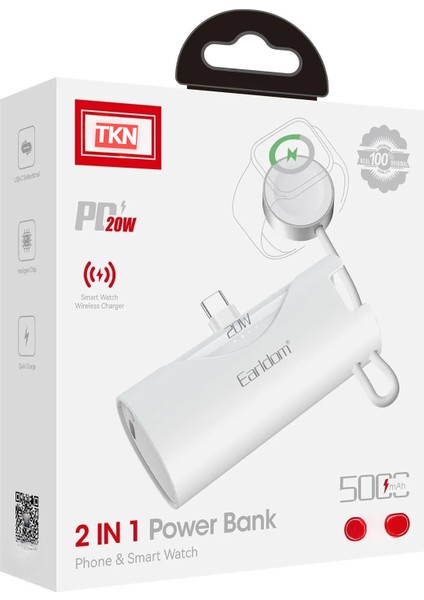 Type-C 20W Hızlı Şarj Soketli Mini Powerbank 5000 mAh Dahili Saat Şarj Kablolu Taşınabilir Batarya