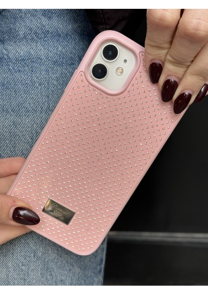 Apple iPhone 12 Uyumlu Elmas Pırlanta Taşlı Pembe Kılıf
