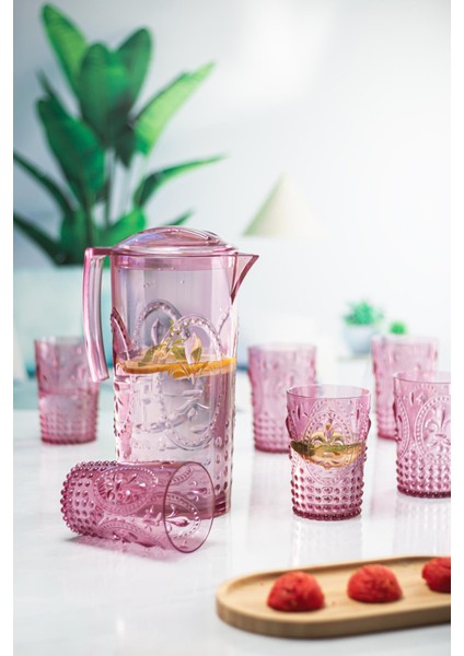 Akrilik Mürdüm Sürahi 2,3 Lt ve 6'lı & Su Meşrubat Kahve Yanı Bardağı 400 ml Seti ( Cam Değildir )