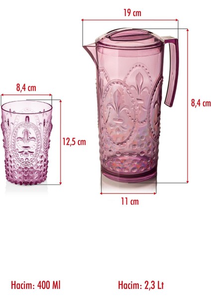 Akrilik Mürdüm Sürahi 2,3 Lt ve 6'lı & Su Meşrubat Kahve Yanı Bardağı 400 ml Seti ( Cam Değildir )