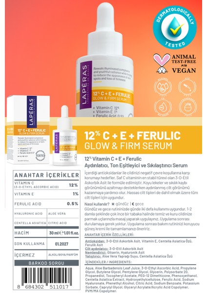 Aydınlatıcı 12% Vitamin C E Ferulic Hyaluronic Ton Eşitleyici Vegan Cilt Serumu 2'li Paket modelleri