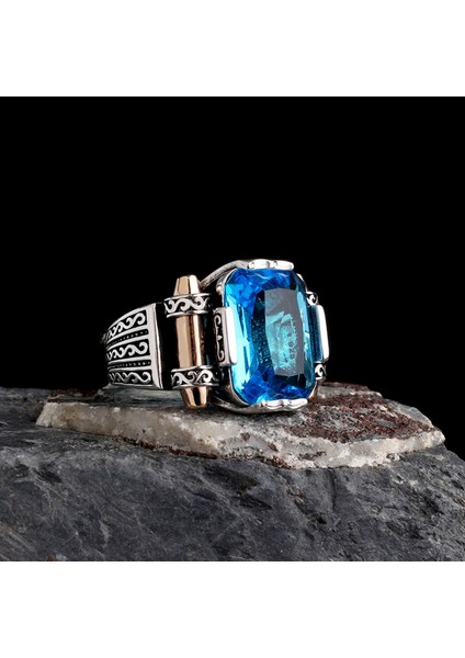 925 Ayar Gümüş Mavi Zirkon Taşlı Model Erkek Yüzük