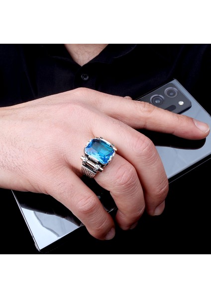 925 Ayar Gümüş Mavi Zirkon Taşlı Model Erkek Yüzük modelleri