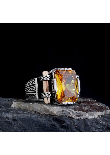 925 Ayar Gümüş Sarı Zirkon Taşlı Model Erkek Yüzük