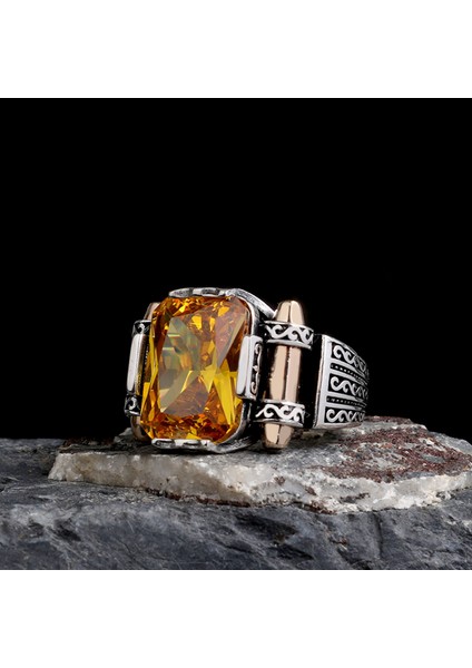 925 Ayar Gümüş Sarı Zirkon Taşlı Model Erkek Yüzük fiyatları