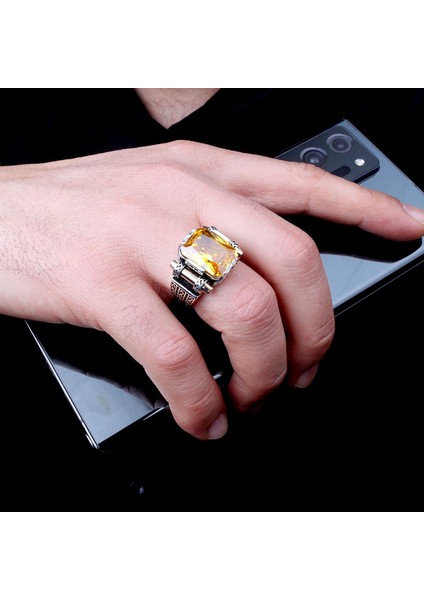925 Ayar Gümüş Sarı Zirkon Taşlı Model Erkek Yüzük modelleri