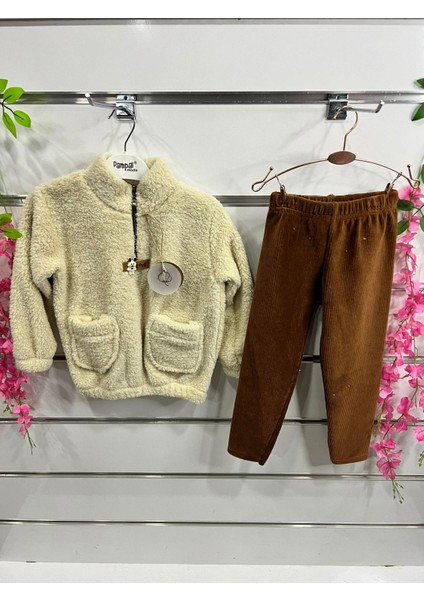 Kız Çocuk Kadife Pantolon Peluş Sweat Krem