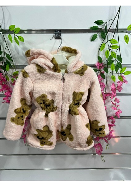Kız Çocuk Peluş Ayı Desenli Mont Pembe