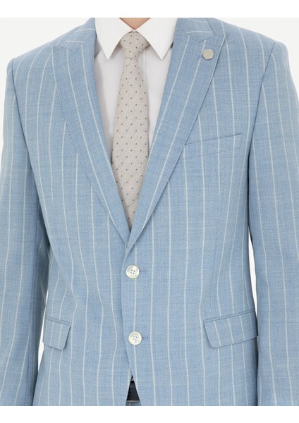 Erkek Açık Mavi Ekstra Slim Fit Çizgili Yün Takım Elbise 50285416-VR003