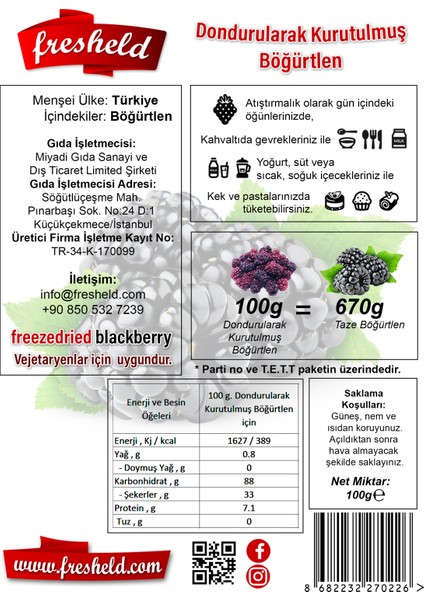 x 2 Paket Dondurularak Kurutulmuş Böğürtlen 100 gr