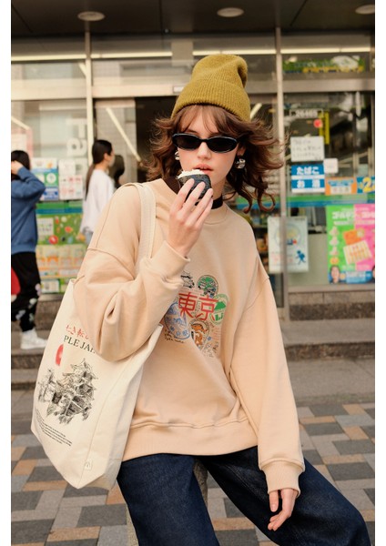 Baskı Detaylı Oversıze Sweatshırt Camel
