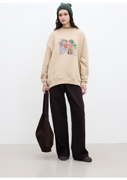 Baskı Detaylı Oversıze Sweatshırt Camel