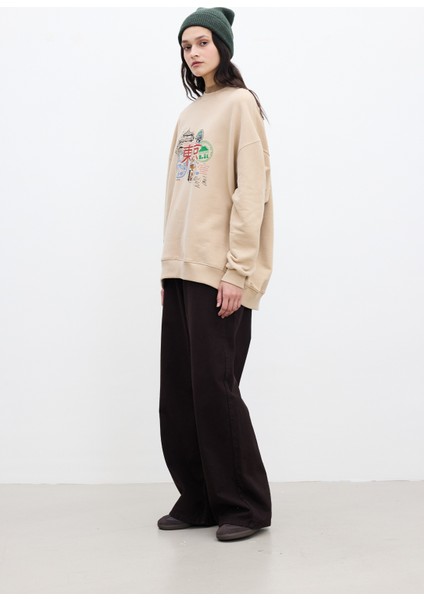 Baskı Detaylı Oversıze Sweatshırt Camel