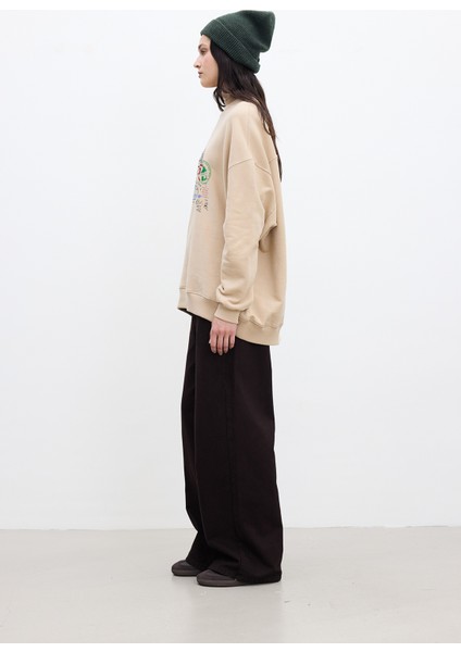 Baskı Detaylı Oversıze Sweatshırt Camel