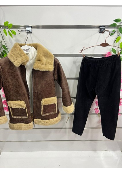 Kız Çocuk Nubuk Ceket 3lü Takım Karamel