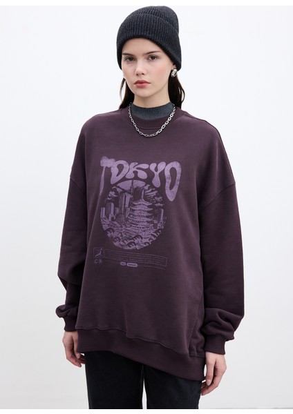 Baskı Detaylı Oversıze Sweatshırt Bordo modelleri