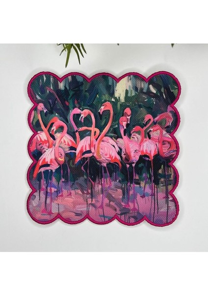 Yağlıboya Maksimalist Flamingolar Tasarımlı Nakış Kenar Kumaş Kokteyl Peçetesi 1 Adet