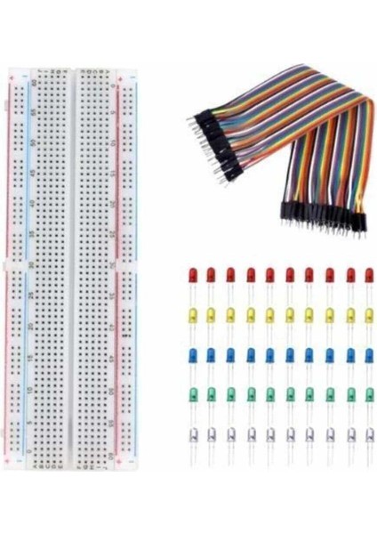 Kids Maker 3'lü Set 830 Pin Breadboard 40 Pin Erkek-Erkek Jumper Kablo 50 Adet 5mm LED ( 5 Renk )