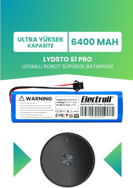 Lydsto S1 Pro Uyumlu Batarya (Ultra Yüksek Kapasite) 6400MAH Pil Robot Süpürge Bataryası Değişimi