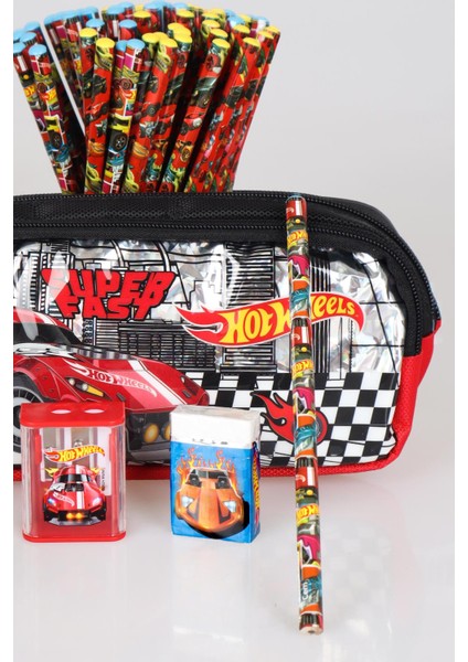 Yeni Sezon Lisanslı Hot Wheels Kalem Çantası,2 Adet Kurşun Kalem,silgi ve Çift Bıçaklı Kalemtraş Kırtasiye Seti