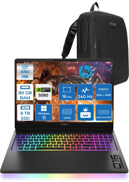 Omen Max 16-WAH0022NT Intel Core Ultra 9 275HX 80GB Ddr5 4tb SSD + 4tb SSD 16GB Nvıdıa RTX5080 16 Inç 3ms 500NIT Wqxga 240Hz Windows 11 Home Siyah OB88F2EAW20 + Zetta Çanta