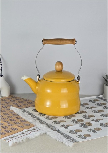 Alev Vintage Demlik Ahşap Saplı Emaye Çaydanlık Kettle 2,5lt Sarı