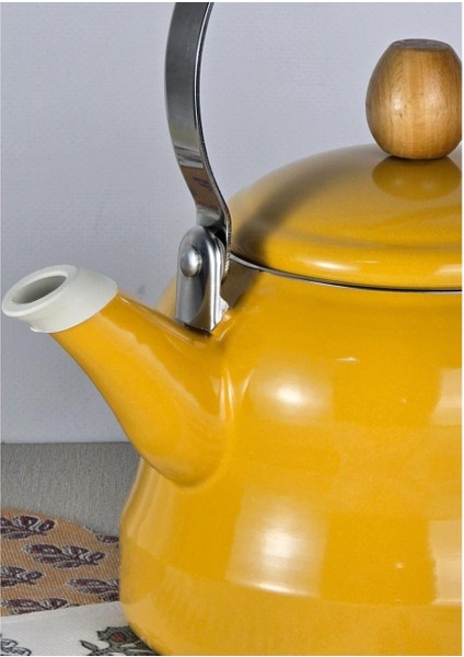 Alev Vintage Demlik Ahşap Saplı Emaye Çaydanlık Kettle 2,5lt Sarı
