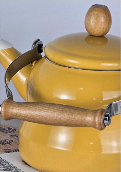 Alev Vintage Demlik Ahşap Saplı Emaye Çaydanlık Kettle 2,5lt Sarı