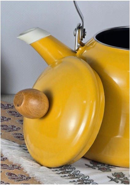 Alev Vintage Demlik Ahşap Saplı Emaye Çaydanlık Kettle 2,5lt Sarı